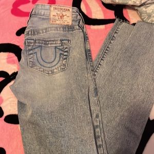 Blue stitching true religion mid rise skinny jeans size 25 but can stretch a lot